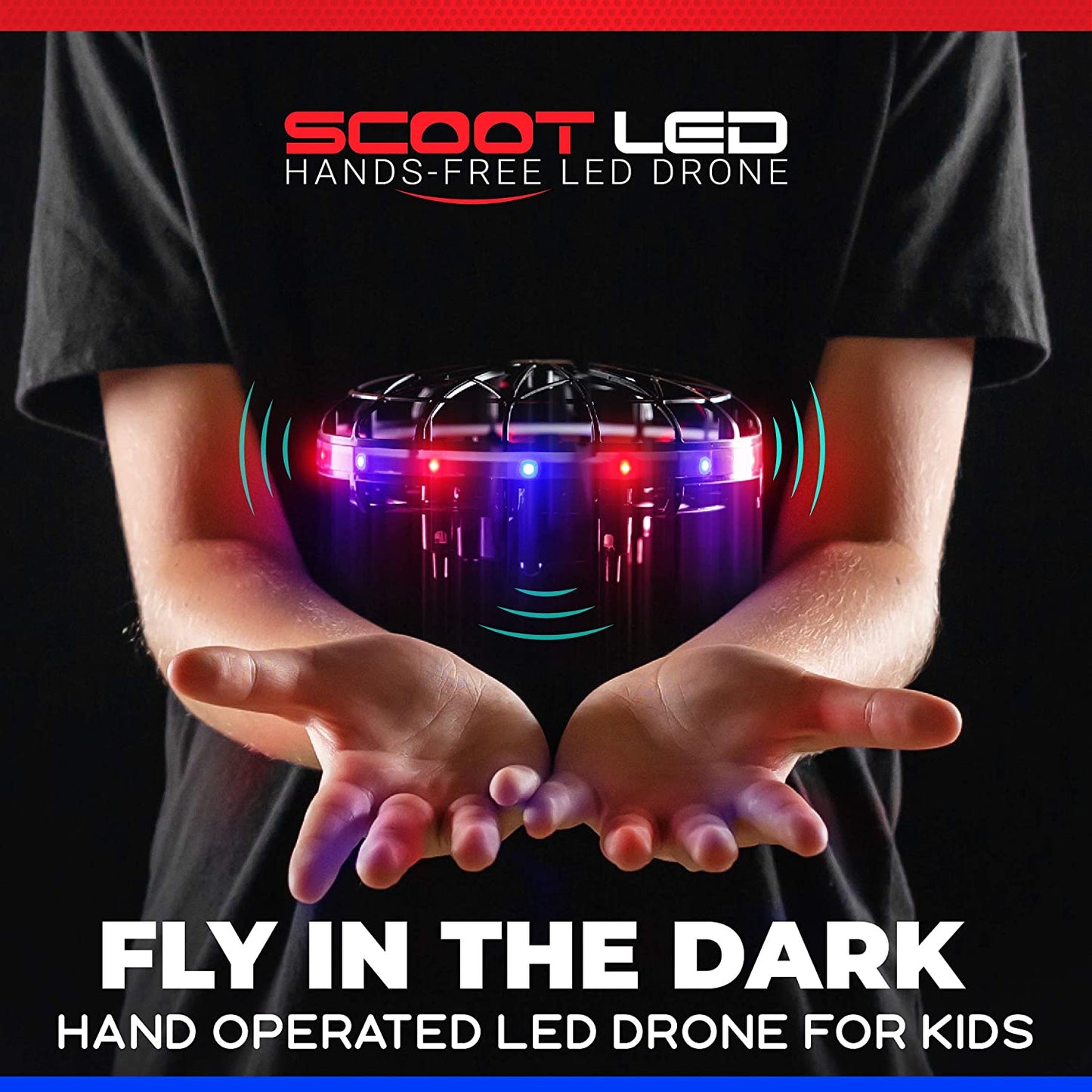 Scoot LED Hand Operated Drone for Kids or Adults - Hands Free Motion Sensor Mini Drone, Easy Indoor Small UFO Toy Flying Ball Drone Toy for Boys and Girls (Red/Blue)