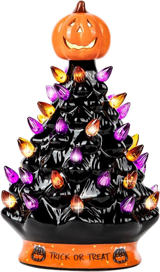 Ceramic Christmas-Halloween Tree - Orange Pumpkin Head-Home Decoration-Trick or Treat- over 35 Multicolor Bulbs Light up by Battery - Black-9 Inch